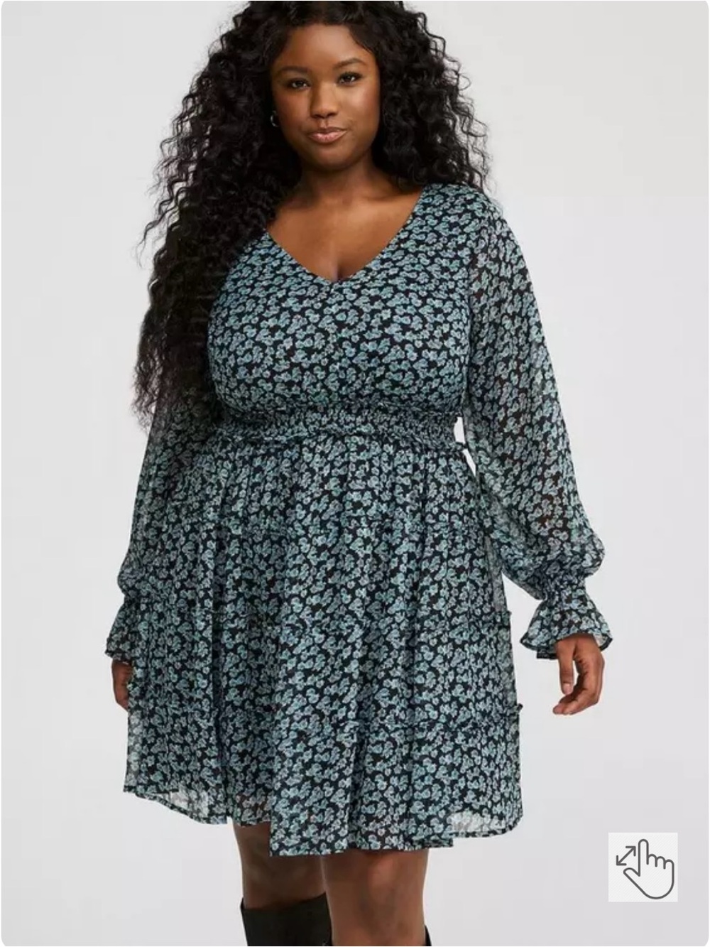 NWT Torrid Blue & Black Floral Chiffon Tiered Long Sleeve Mini Dress Size 1X